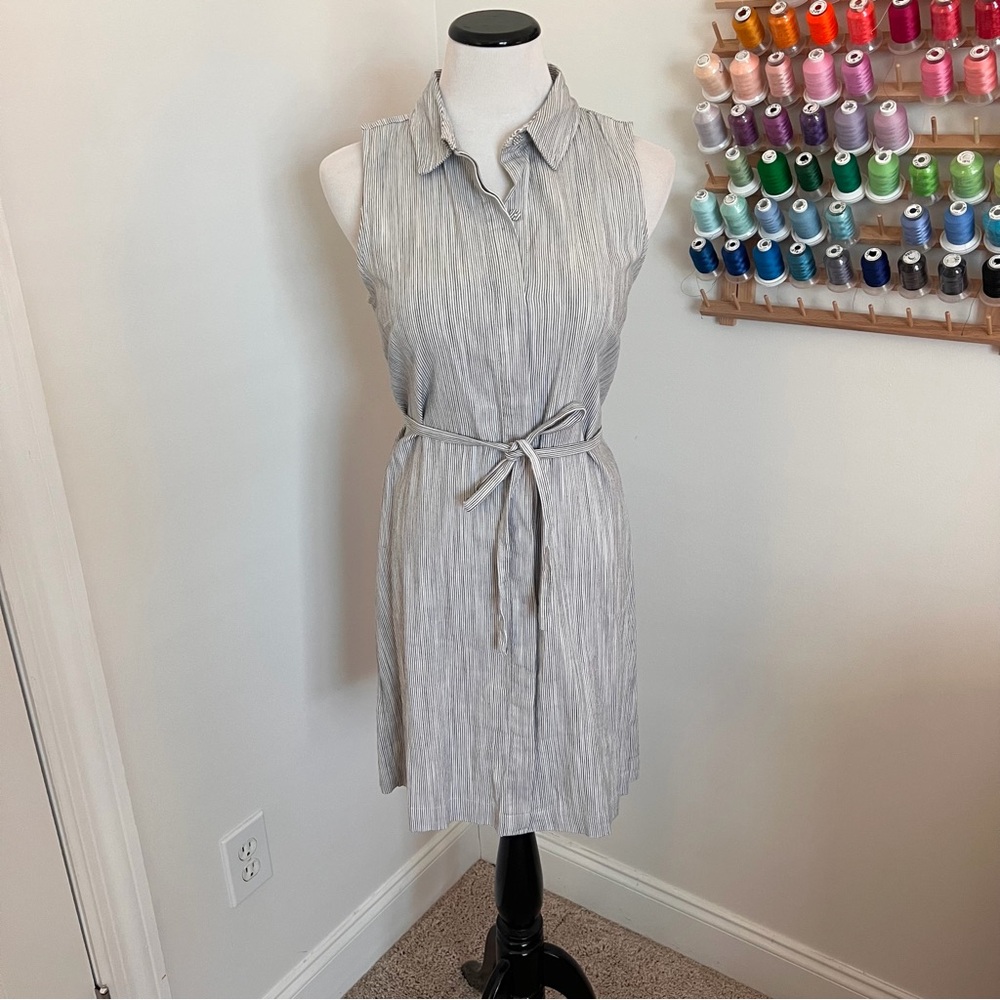Tahari Sleeveless Button Up Pinstripe Tie Waist Dress